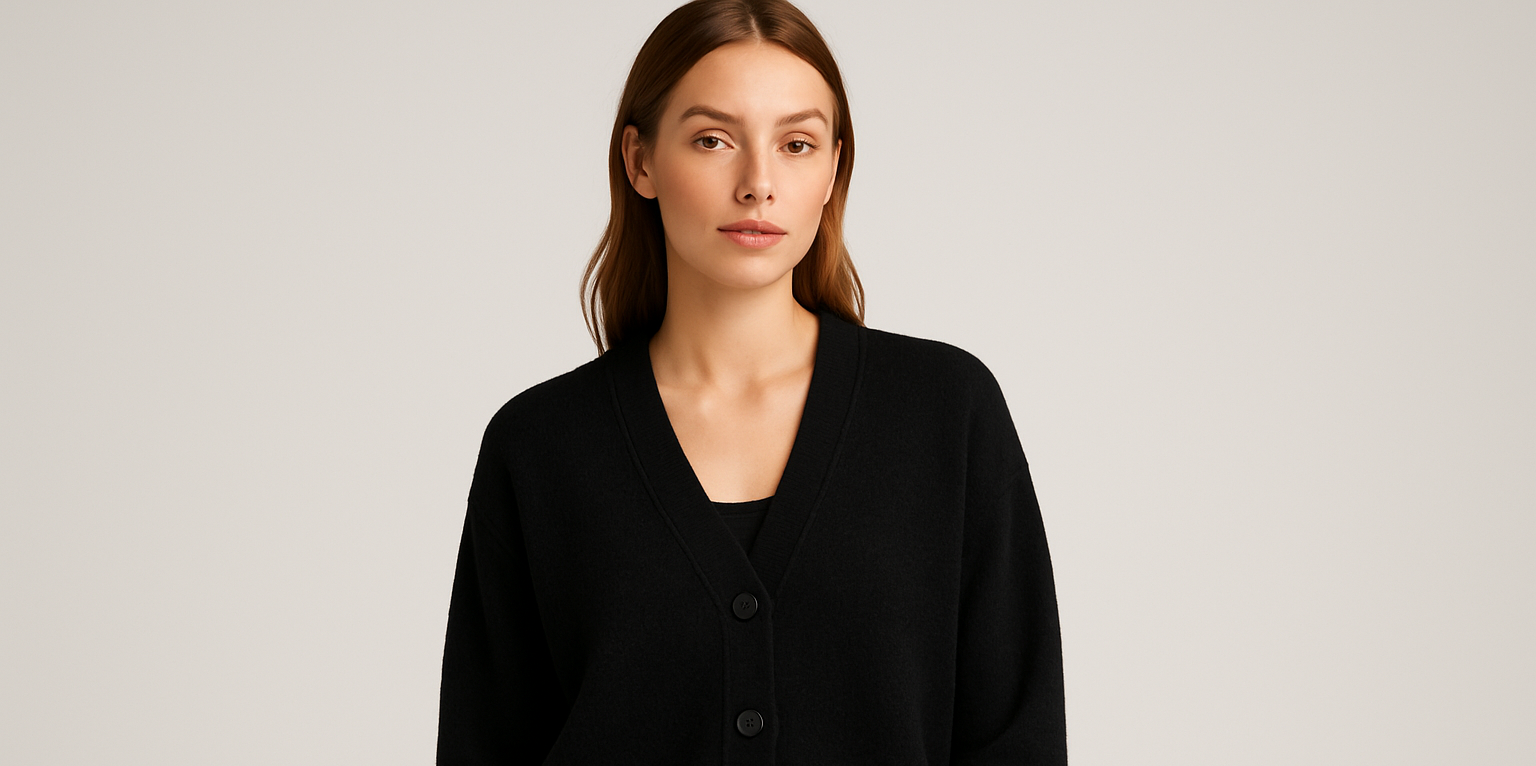 model woman wearing comfy black cardigan light grey background photo studio